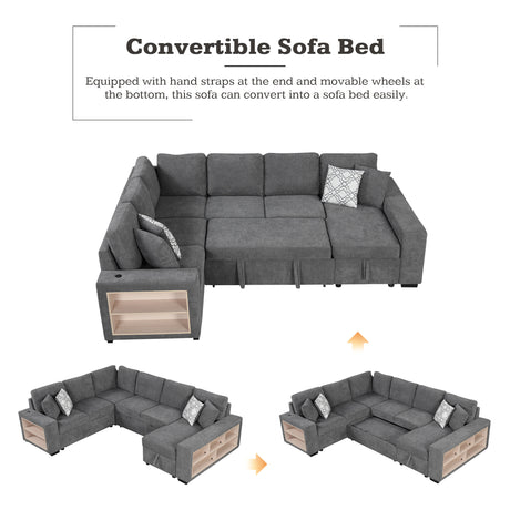 Modern Grey U-Shaped Sectional Sofa Bed with USB Ports, Storage Chaise & Pillows, Chenille Fabric, 109' - sold by Home Elegance USA