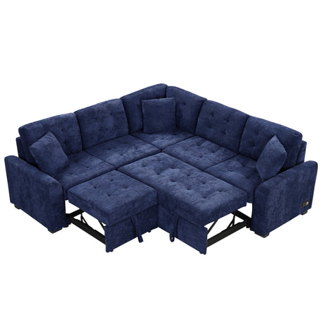 Navy Blue L-shape Sofa Bed with Pull-out Sleeper, USB Ports, Power Sockets, Corded Velveteen, 82.6' - sold by Home Elegance USA