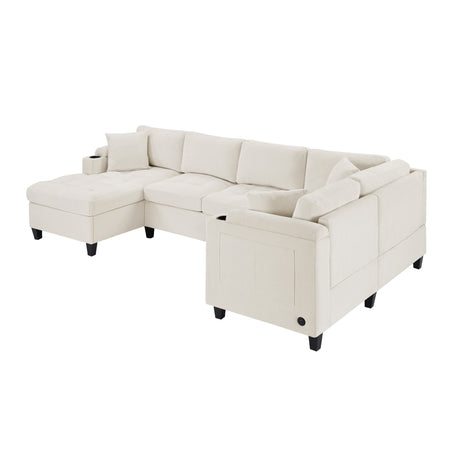 Modern U-shaped Sectional Sofa 115.7' with Built-in Cup Holders, Storage, USB Ports in Beige Chenille Fabric - sold by Home Elegance USA