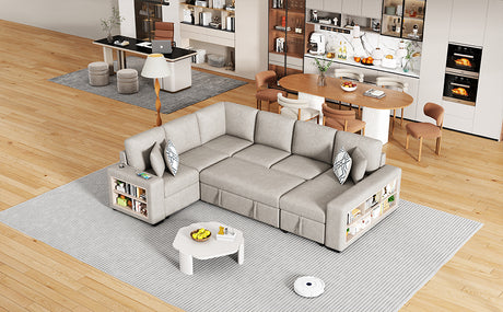 Beige Chenille U-Shaped Sectional Sofa with Pull-out Bed, USB Ports, Storage Chaise & Back Pillows - sold by Home Elegance USA