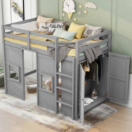 Wood Twin Size Loft Bed with Built-in Storage Wardrobe and 2 Windows, Gray
