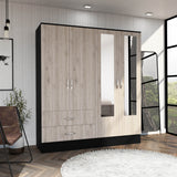 Bolton 160 Armoire, Six Shelves, Two Double Door Cabinets, Two Mirrors, Two Drawers, Rod Black / Light Gray - sold by Home Elegance USA
