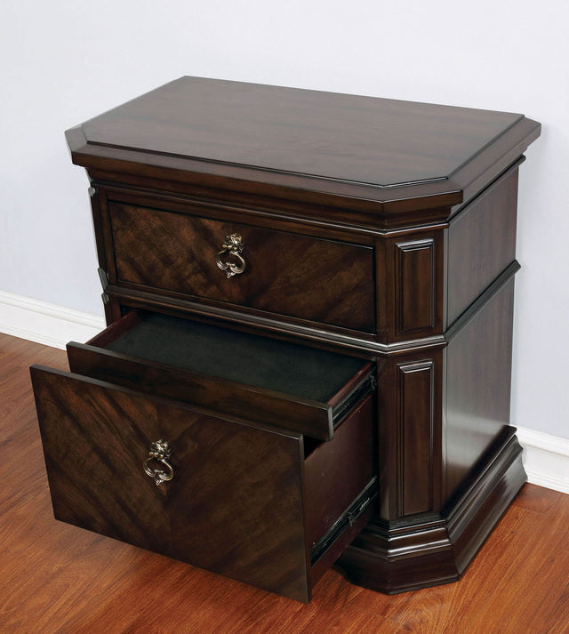 Espresso Color 1pc Nightstand Faux Wood Carved Details Bedroom Furniture Bedside Table Bronze Ring Pulls Solidwood 2- Storage Drawers