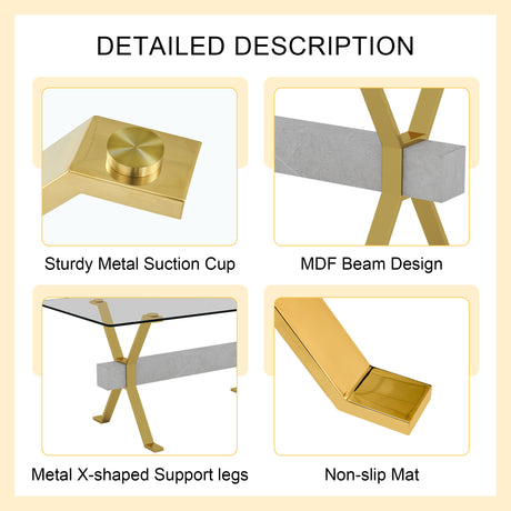 Table and chair set.Elegant Transparent Tempered Glass Dining Set - 71'x35.4' with 8 White PU Chairs with golden C-tube metal leg. - sold by Home Elegance USA
