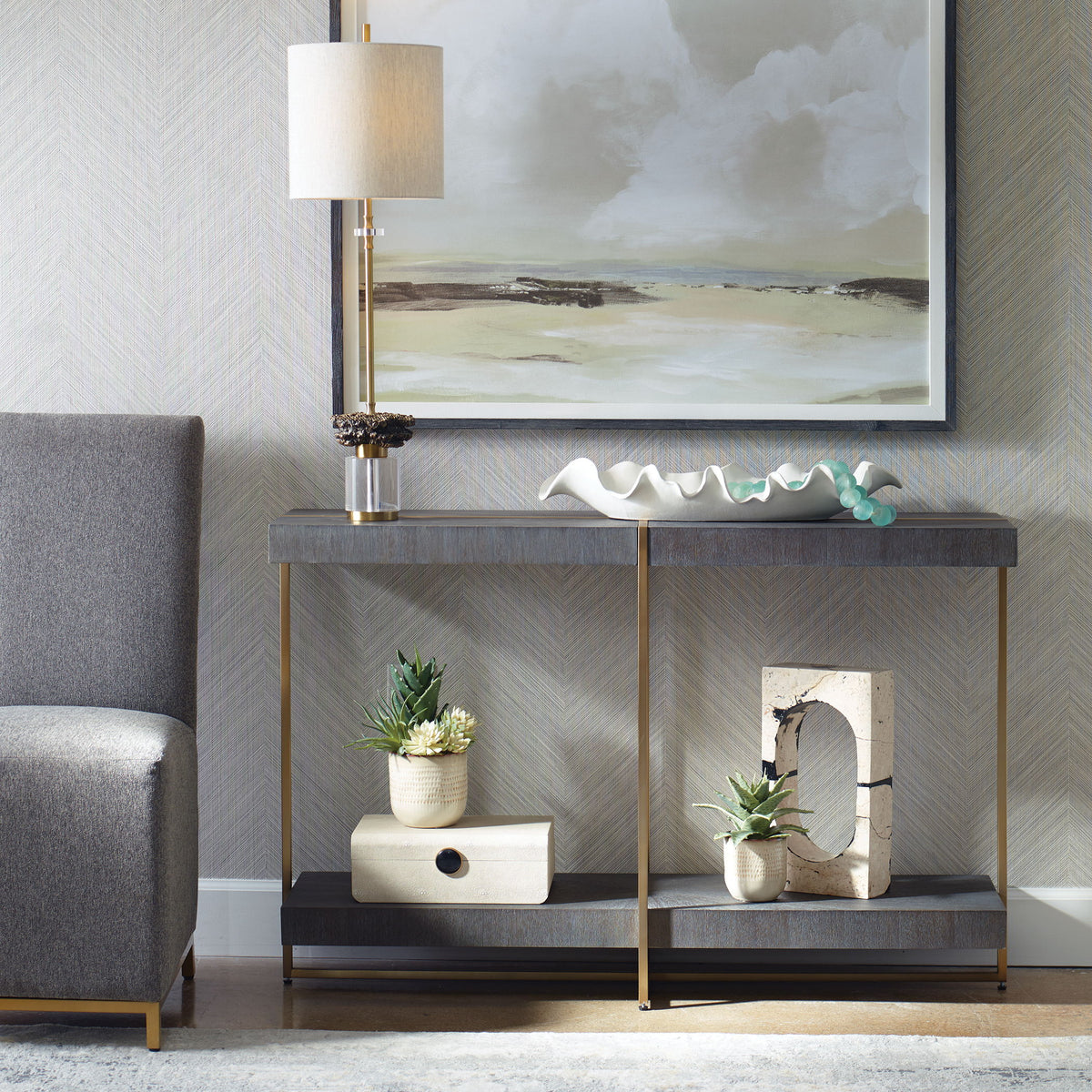 Taja Modern Brass / Wood Console Table - Gold / Dark Brown by Uttermost - View 2