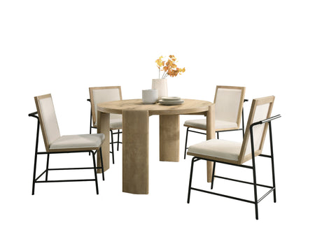 Bowen Oak Finish 47' Round Dining Table Set with Cream Color Upholstered Chairs - sold by Home Elegance USA