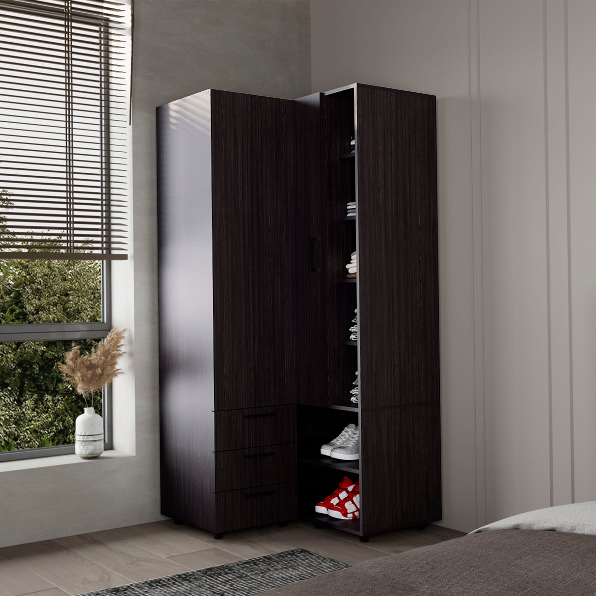 FM FURNITURE Thatcher Armoire- wardrobe, shoe storage, Open Storage and 2 - drawer, Wenge - sold by Home Elegance USA