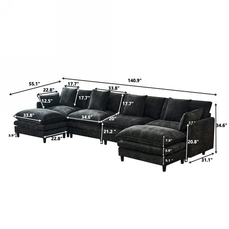 140.9-inch U-shaped modular sectional sofa, suitable for living room or bedroom. It comes with 2 movable ottomans, 4 cushions and 2 throw pillows. Made of soft cashmere fabric, in black - sold by Home Elegance USA