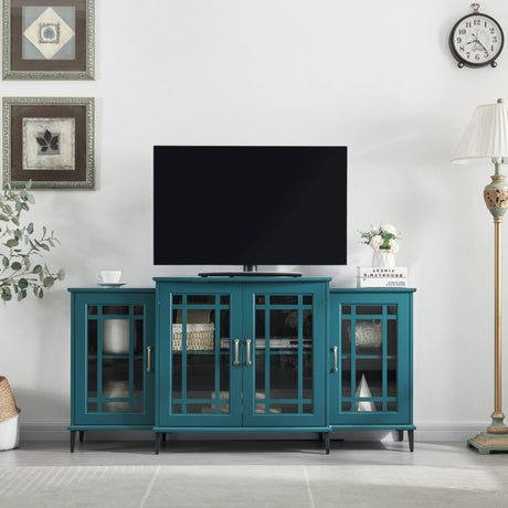 62” TV Stand, Storage Buffet Cabinet, Sideboard with Glass Door and Adjustable Shelves, Console Table for Dining Living Room Cupboard, Teal Blue Home Elegance USA