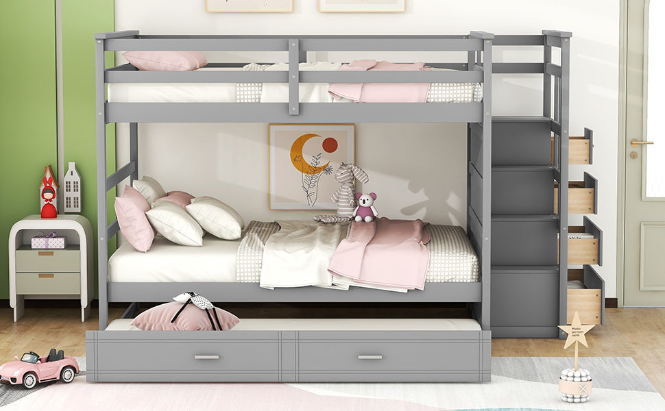 Full Over Full Bunk Bed with Twin Size Trundle and Staircase, Gray - Home Elegance USA