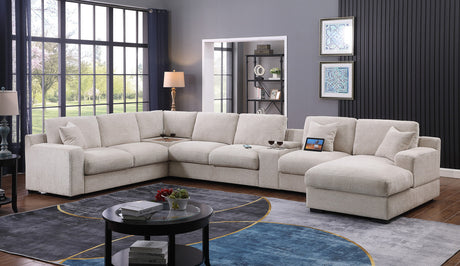 Chiara 141.5'W Beige Chenille Fabric Corner Sectional Sofa with Right-Facing Chaise, Cupholders, and Charging Ports - sold by Home Elegance USA