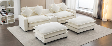 Chenille Upholstered Sectional Sofa with Removable Ottoman, USB Ports, Cup Holders, and Storage, Beige, 111' - sold by Home Elegance USA