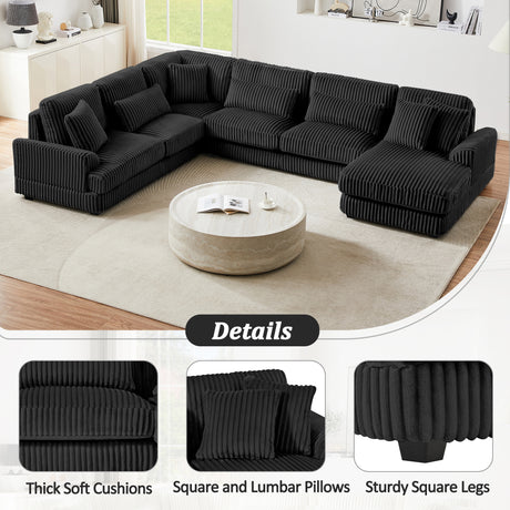 Modern Oversized U-shaped Sectional Sofa with Chaise Lounge Upholstered in Soft Black Corduroy - sold by Home Elegance USA