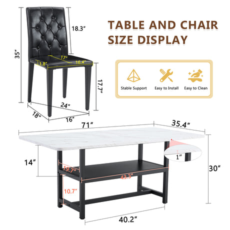 Table and chair set.71*35.4 inch White Grain Spliced Dining Table With Storage Function In The Middle Of The Table Legs.Paired with 8 black PU dining chairs with ergonomic buckle backrest. - sold by Home Elegance USA