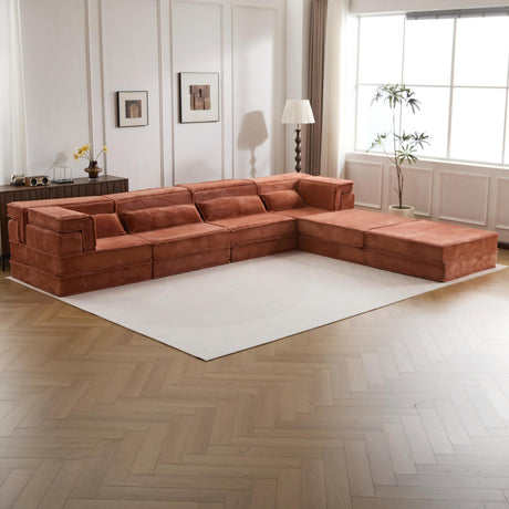 Compression Mahjong Sofa,Convertible Floor Sofa Bed,DIY Boneless Modular Sectional Sofa,No Assembly Required,Circle fleece fabric,Oversized 4 Seater with 2 Ottoman,Orange - sold by Home Elegance USA