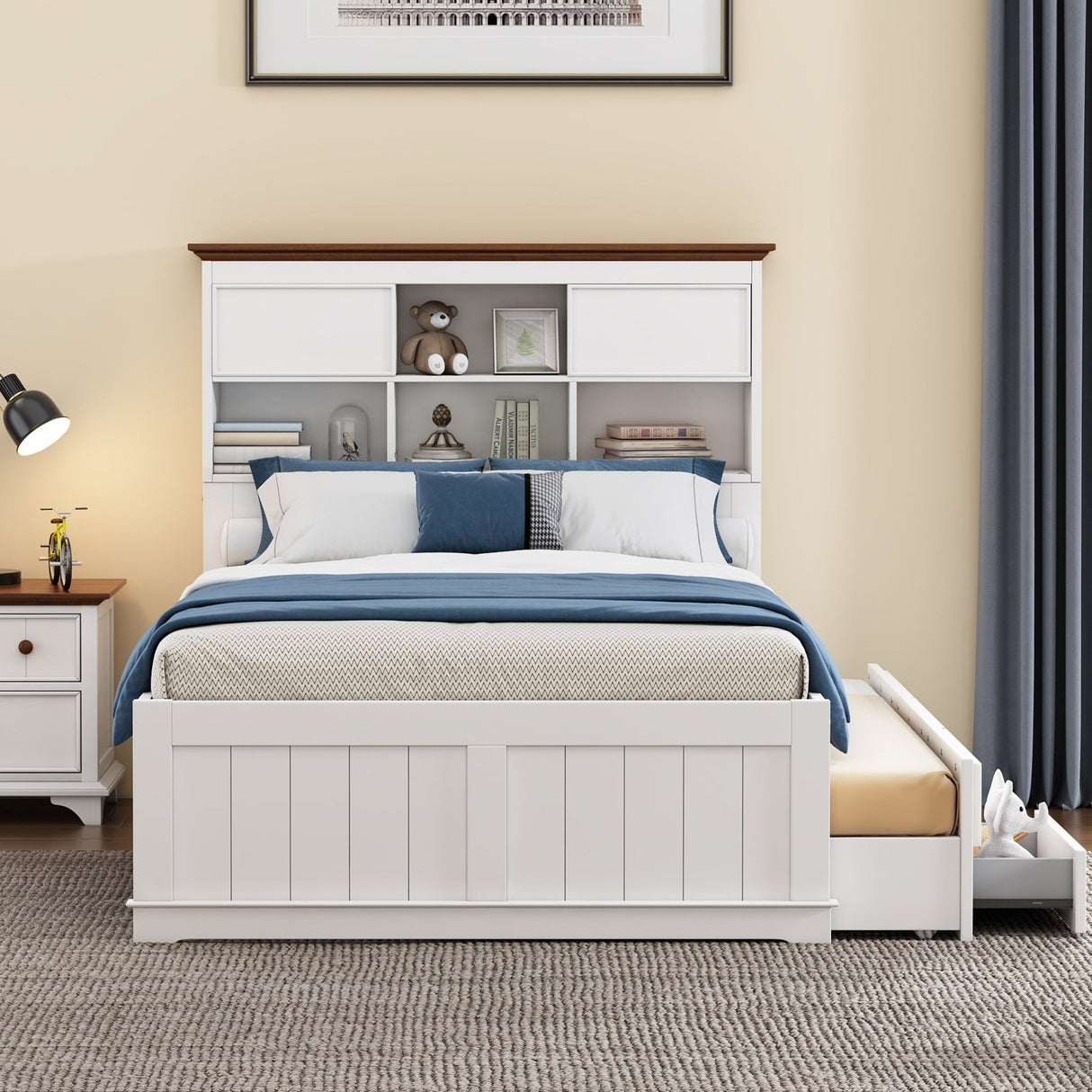 2 Pieces Wooden Captain Bedroom Set Full Bed with Trundle and Nightstand,White+Walnut | Home Elegance USA