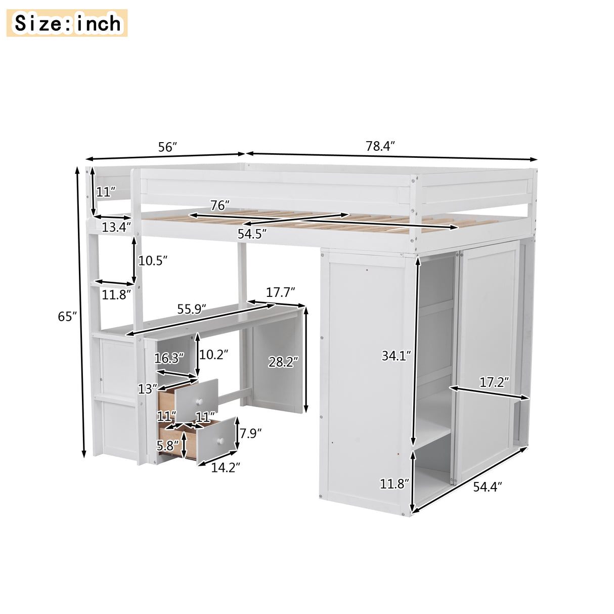 Wood Full Size Loft Bed with Wardrobes and 2-Drawer Desk with Cabinet, White - Home Elegance USA