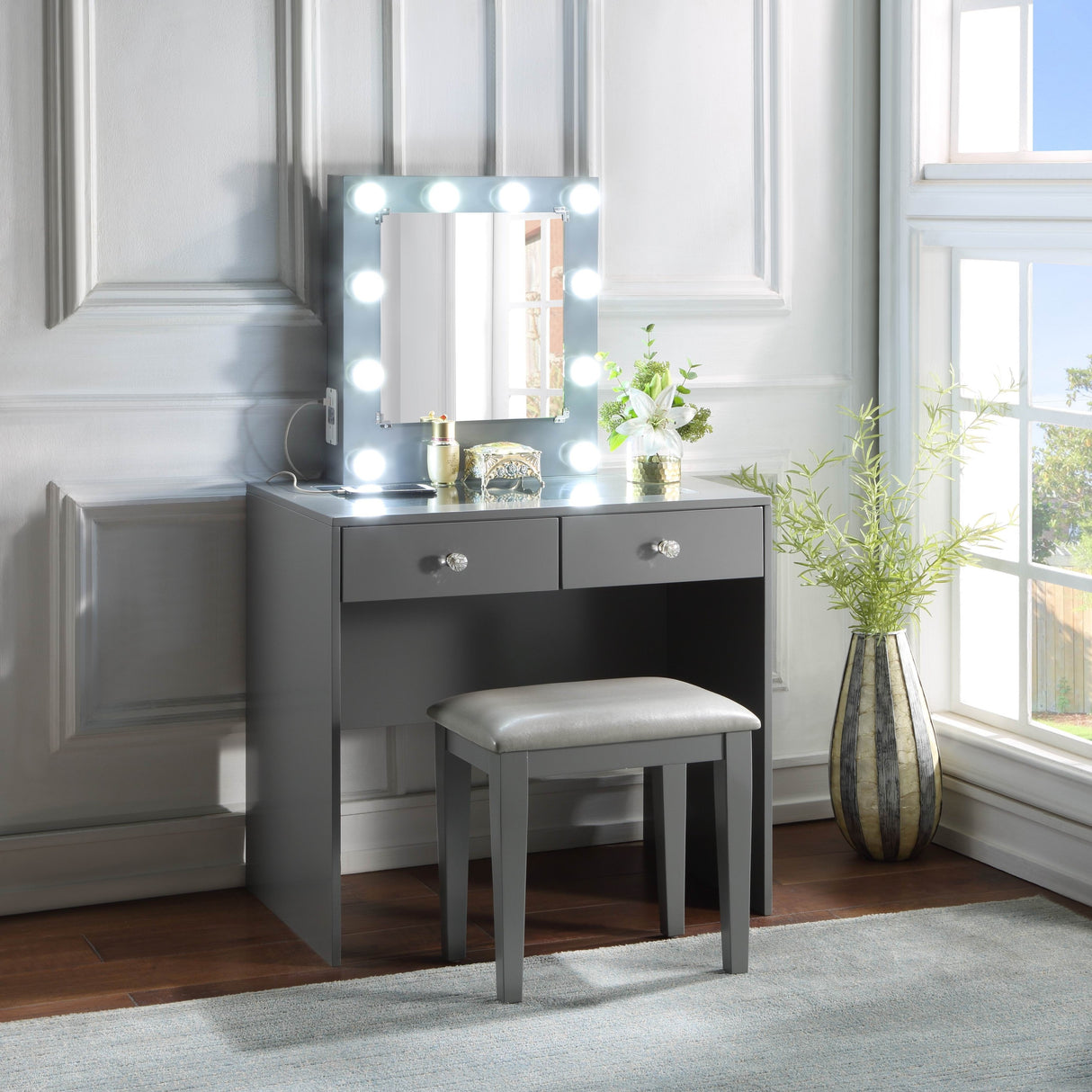 Gray Makeup Vanity and Stool Set with 10 Lights and USB Port and Power Outlet, 2x Drawers Luxurious Style Furniture
