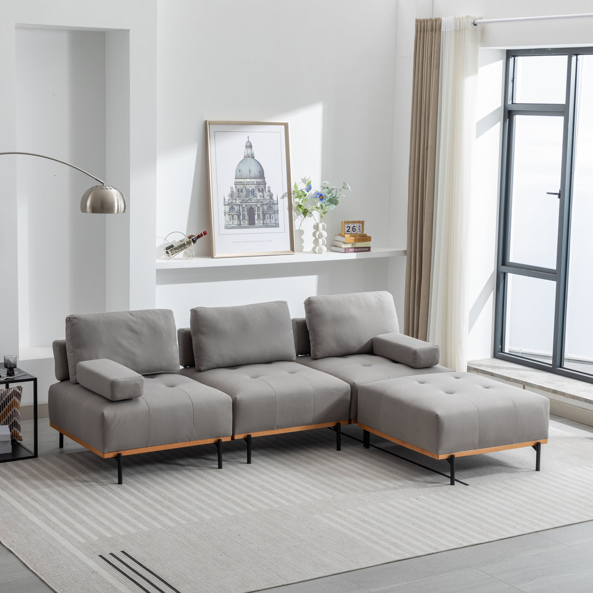 100.7'' L - Shape Sectional Sofa 3 - Seater Couches with a Removable Ottoman, Comfortable Fabric for Living Room, Apartment, Grey - SG001210AAE - image - 4