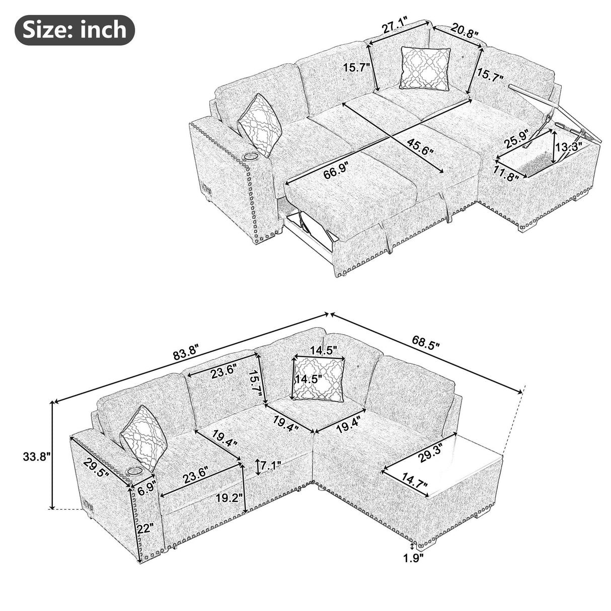 83.8" Reversible Sectional Pull - Out Sofa Bed L - Shaped Corner Sofa Couch with Storage Chaise, USB Ports, Power Sockets, Cup Holder for Living Room, Bedroom, Study,Light Gray | Home Elegance USA