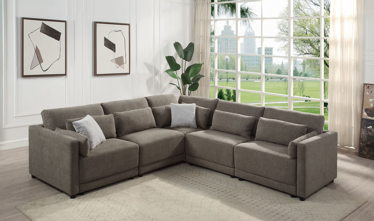 Rylie 5Pcs Brown Linen Modular Sectional Sofa with Toss Pillows