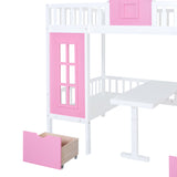 Full-Over-Full Bunk Bed with Changeable Table, Bunk Bed Turn into Upper Bed and Down Desk -Pink - Home Elegance USA