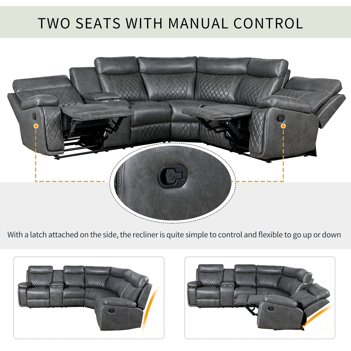 Home Theater Seating Manual Recliner with Cup Holder, Hide-Away Storage PU Reclining Sofa for Living Room, Home Theater, Gray - Home Elegance USA