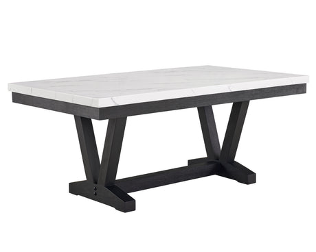 1pc Transitional Modern Formal Dining Table White Faux Marble Rectangular Table Top Trestle Base Black Finish Legs Wooden Dining Room Furniture
