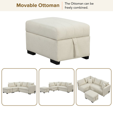Modern L-shaped Sectional Pull Out Sofa Bed with USB Ports and Storage Ottoman, Beige, Jacquard Fabric, 82.6' - sold by Home Elegance USA