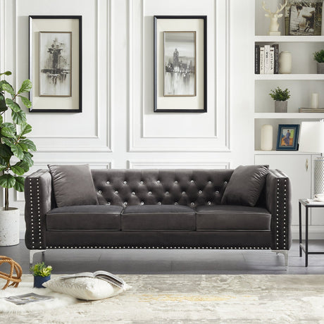 82.3" Width Modern Velvet Sofa Jeweled Buttons Tufted Square Arm Couch Grey,2 Pillows Included | Home Elegance USA