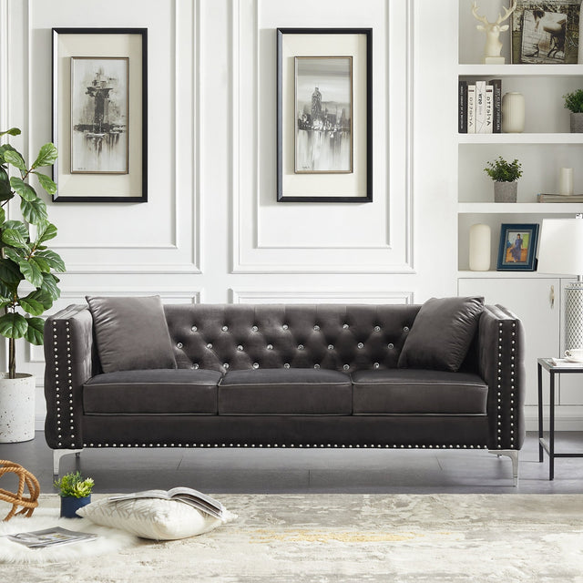 82.3" Width Modern Velvet Sofa Jeweled Buttons Tufted Square Arm Couch Grey,2 Pillows Included | Home Elegance USA