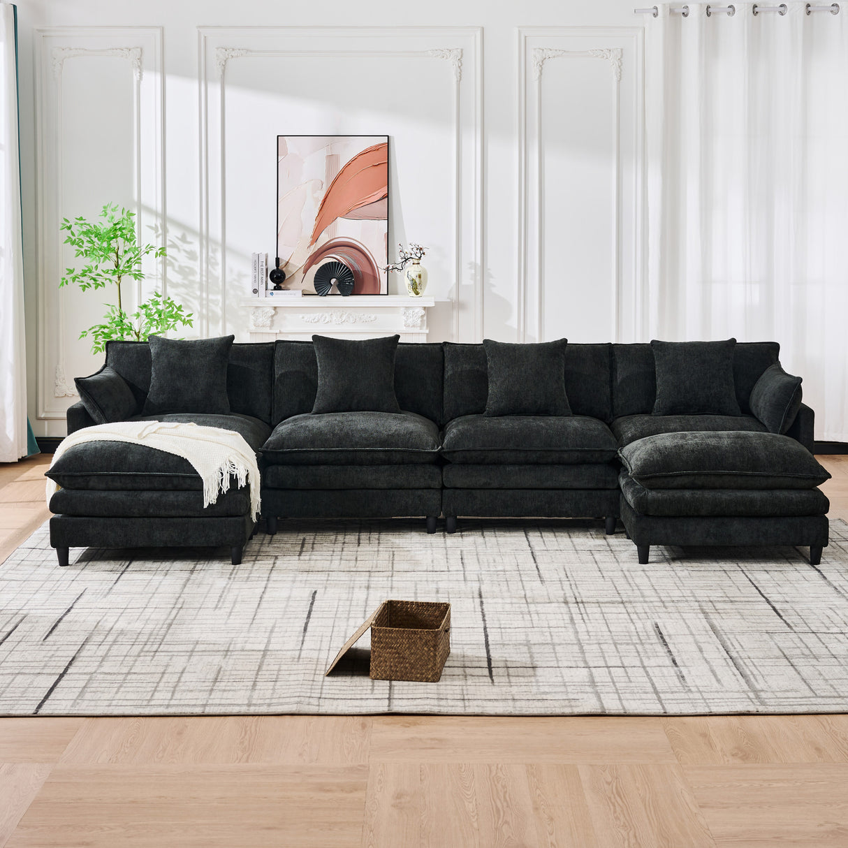 140.9-inch U-shaped modular sectional sofa, suitable for living room or bedroom. It comes with 2 movable ottomans, 4 cushions and 2 throw pillows. Made of soft cashmere fabric, in black