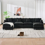 140.9-inch U-shaped modular sectional sofa, suitable for living room or bedroom. It comes with 2 movable ottomans, 4 cushions and 2 throw pillows. Made of soft cashmere fabric, in black