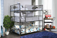 Industrial Style Bunk Bed Full Over Full Over Full Attached Dual Ladder Metal Structure Pipe Framework Upper Guard Rails Antique Black Finish - sold by Home Elegance USA