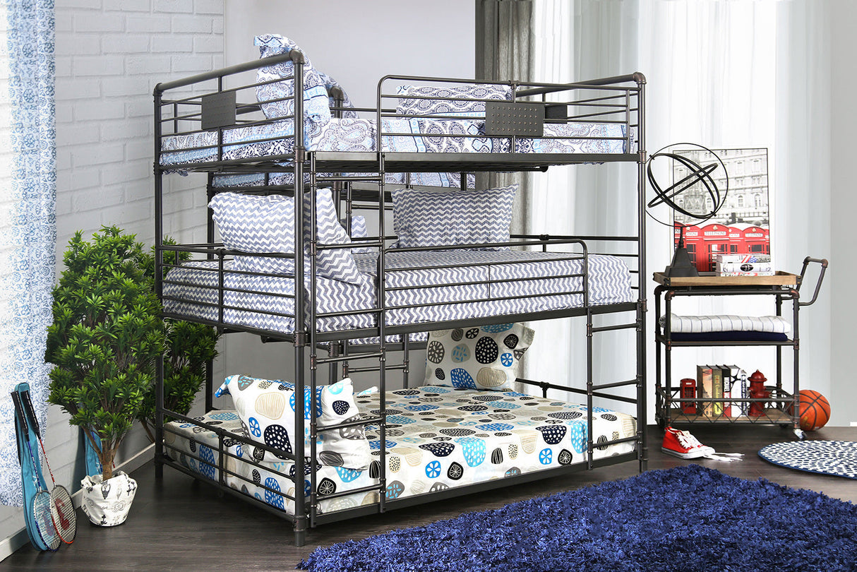 Industrial Style Bunk Bed Full Over Full Over Full Attached Dual Ladder Metal Structure Pipe Framework Upper Guard Rails Antique Black Finish - sold by Home Elegance USA