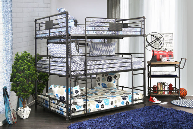 Industrial Style Bunk Bed Full Over Full Over Full Attached Dual Ladder Metal Structure Pipe Framework Upper Guard Rails Antique Black Finish - sold by Home Elegance USA