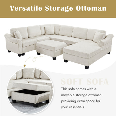 Contemporary U-shaped Sectional Sofa with Movable Storage Ottoman, White Chenille 111.8' - sold by Home Elegance USA