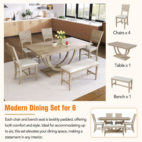 TOPMAX Modern Style Natural Wood 6-Piece Dining Table Set with Bench and Chairs, Upholstered Seats, Rubberwood Frame - sold by Home Elegance USA