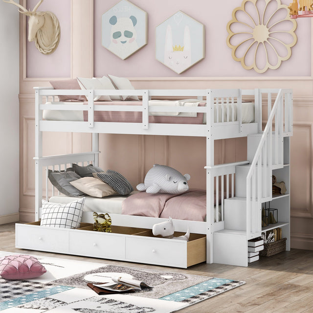 Stairway Twin-Over-Twin Bunk Bed with Three Drawers for Bedroom, Dorm - White(Old sku: LT000309AAK) - sold by Home Elegance USA