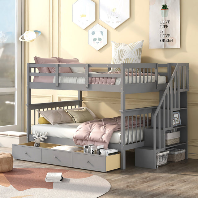 Stairway Full-Over-Full Bunk Bed with Drawer, Storage and Guard Rail for Bedroom, Gray (OLD SKU: LT100310AAE) - sold by Home Elegance USA