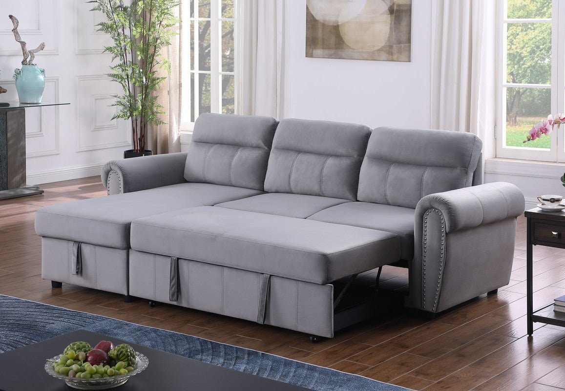 Ashton Gray Velvet Fabric Reversible Sleeper Sectional Sofa Chaise | Home Elegance USA