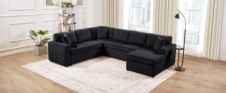 Oversized Sectional Sofa 115.3' U-Shaped Sofa with Chaise Lounge and Three Soft Throw Pillows, Black Corduroy Fabric - sold by Home Elegance USA
