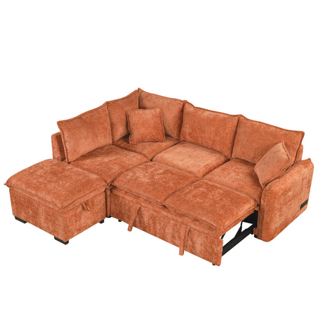 Convertible L-shaped Sofa Bed with Storage Ottoman, Power Sockets & USB Ports, Orange Chenille, 82.67' - sold by Home Elegance USA