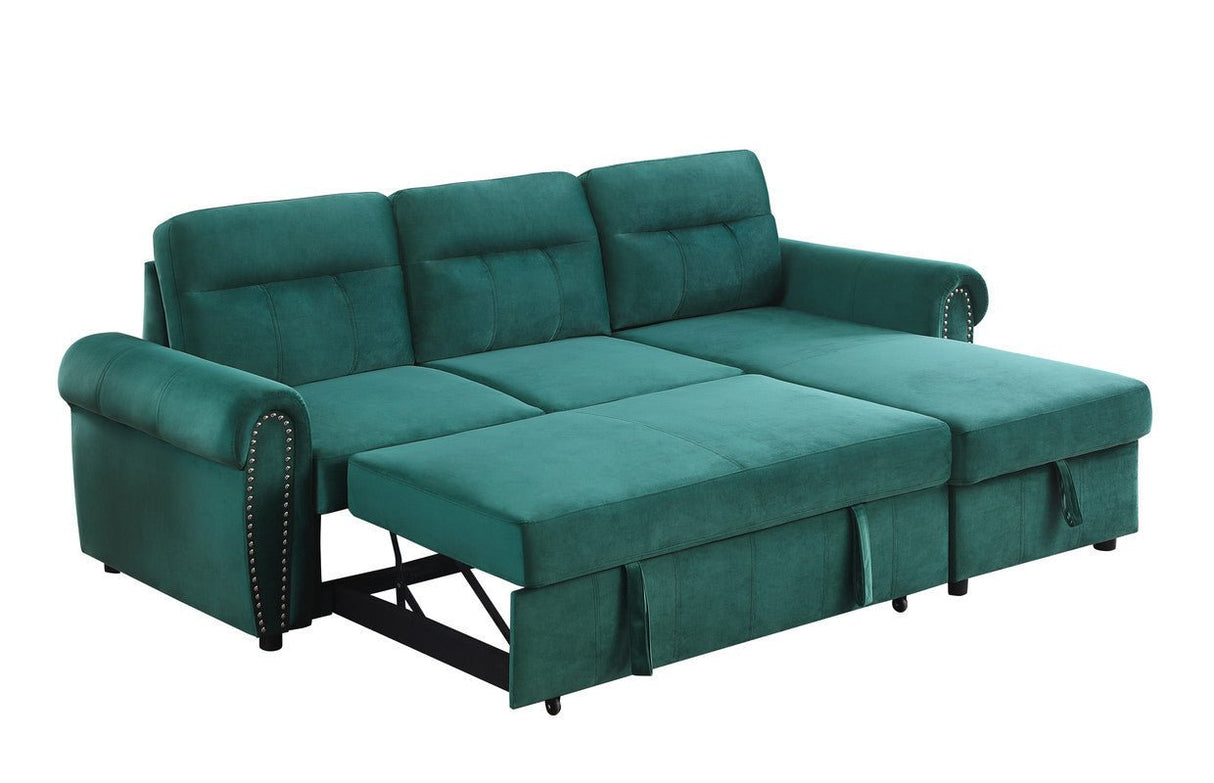 Ashton Green Velvet Fabric Reversible Sleeper Sectional Sofa Chaise - B061S00197 - Home Elegance USA - 3