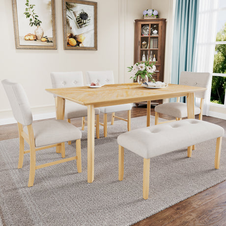 6 Piece Dining Room Table Set, Rustic Farmhouse Dining Room Rectangular Table with 4 Upholstered Chairs and Bench, Solid Wood Kitchen Dining Table Set for 6 Persons (Easy Assembly, Natural Wood Wash) - sold by Home Elegance USA