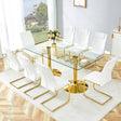 Table and chair set. 71 inch x 35.4-inch tempered glass table,White High-quality PU Chairs With Golden Arched Metal Legs, Modern Table & 8 Seater Dining Room Furniture Set for Family Gatherings.