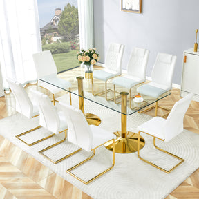 Table and chair set. 71 inch x 35.4-inch tempered glass table,White High-quality PU Chairs With Golden Arched Metal Legs, Modern Table & 8 Seater Dining Room Furniture Set for Family Gatherings.