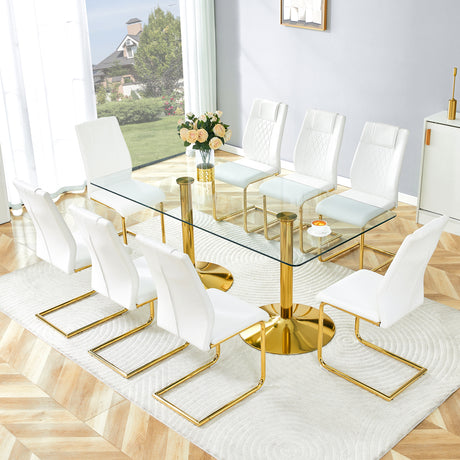 Table and chair set. 71 inch x 35.4-inch tempered glass table,White High-quality PU Chairs With Golden Arched Metal Legs, Modern Table & 8 Seater Dining Room Furniture Set for Family Gatherings.