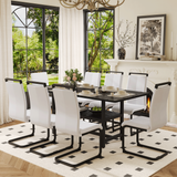 Table and chair set.71*35.4 inch Black Grain Spliced Dining Table With Storage Function In The Middle Of The Table Legs.Paired with 8 White PU Chairs With C-tube Black Metal Chair Legs.