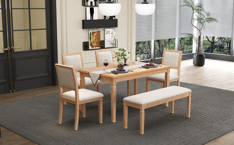 TREXM Vintage Extendable Dining Table Set for 6 with 4 Chairs & Bench, 59 to 72-Inch Rustic Farmhouse Kitchen Table Set with Distressed Finish and Retro Carved Legs (Natural Wood Wash) - sold by Home Elegance USA